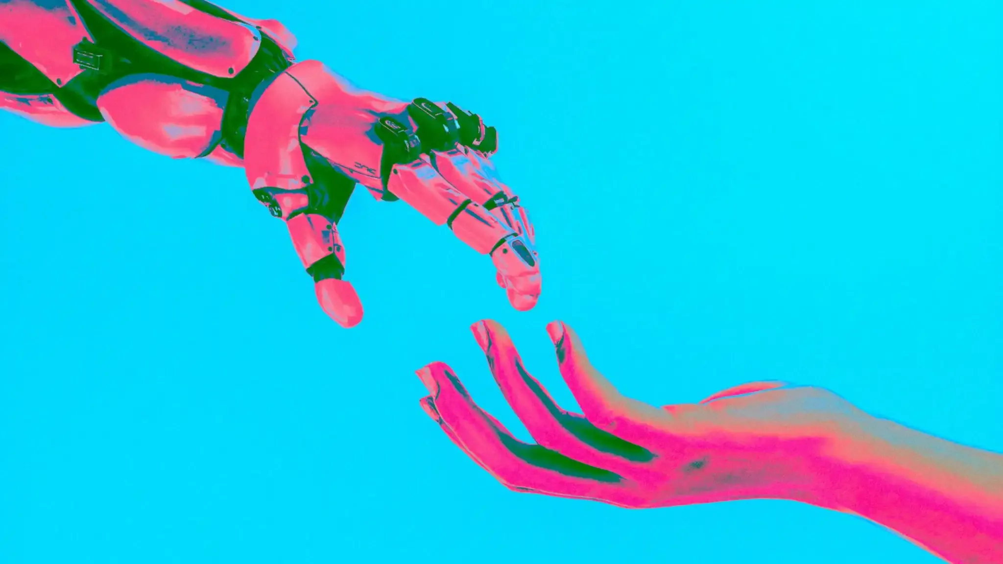 Artificial-intelligence-AI-robot-hand-reaching-for-human-hand