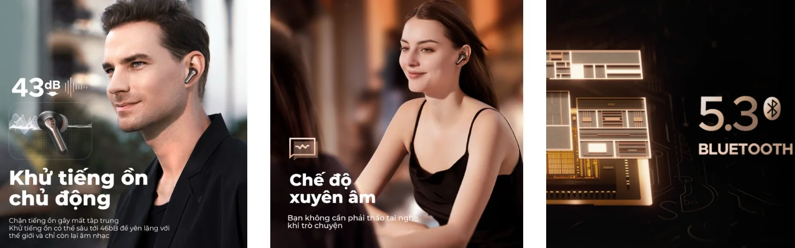 Tai nghe SoundPEATS Capsule 3 Pro có thiết kế nhỏ gọn, hiện đại, dạng nhét tai với thân vỏ bo tròn, bề mặt mịn và hơi bóng. Mỗi bên tai nghe được vát nhẹ, ôm vừa vặn vào tai, đi kèm đầu silicone mềm giúp đeo êm và chắc chắn. Phần đuôi tai nghe hơi kéo dài, tích hợp micro chống ồn, nổi bật với chi tiết kim loại mờ tạo điểm nhấn sang trọng. Hộp sạc hình viên nhộng, nhỏ gọn, có nắp bật và chất liệu nhựa nhám cao cấp. Tổng thể mang cảm giác thanh lịch, tối giản nhưng hiện đại và mạnh mẽ.