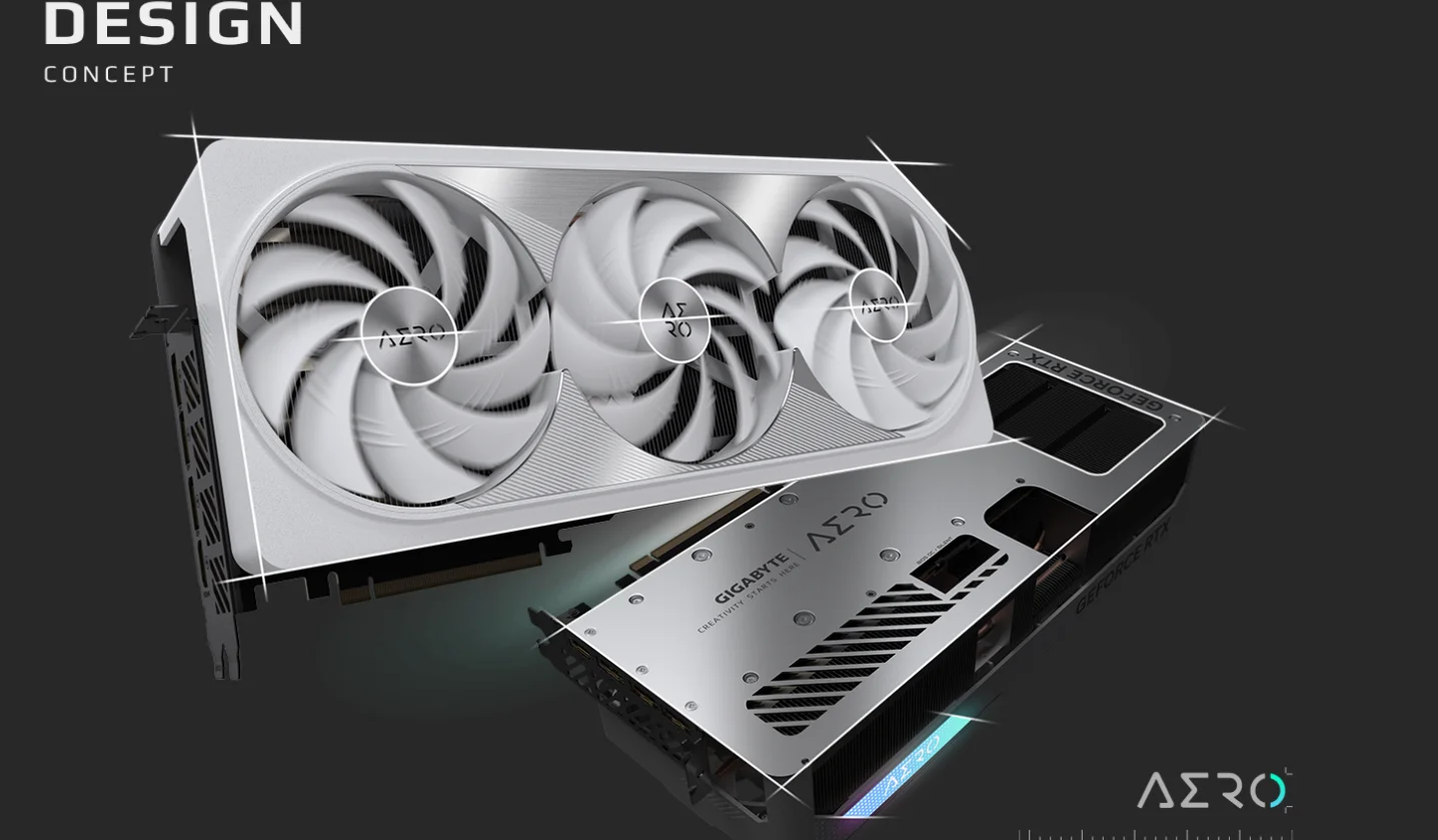 Card màn hình GIGABYTE RTX 4080 SUPER AERO OC 16G có thiết kế lớn, hiện đại với tông màu trắng chủ đạo. Mặt trước gồm ba quạt làm mát kích thước lớn xếp đều nhau, nổi bật với viền vát tinh tế và logo AERO in nổi ở trung tâm. Toàn bộ thân card mang dáng vẻ vuông vức, cứng cáp, mặt sau được che phủ bởi tấm kim loại trắng giúp tăng độ bền và hỗ trợ tản nhiệt. Thiết kế tối giản, sang trọng, phù hợp với các bộ máy theo phong cách thanh lịch hoặc sáng tạo nội dung chuyên nghiệp.