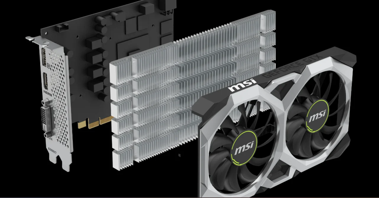 Card màn hình MSI GeForce GTX 1650 D6 VENTUS XS OCV3 có thiết kế nhỏ gọn, vỏ ngoài màu xám đen với bề mặt nhám nhẹ. Mặt trước nổi bật với hai quạt làm mát đặt song song, mỗi quạt có cánh quạt nhỏ gọn, tạo luồng gió hiệu quả. Khung card chắc chắn với các đường nét vuông vức, tạo cảm giác cứng cáp và hiện đại. Kích thước card vừa phải, phù hợp với các thùng máy có không gian hạn chế, mang vẻ ngoài tinh tế và thực dụng.