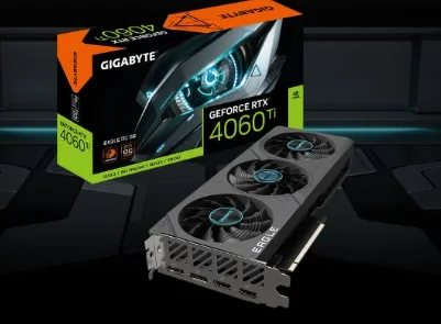 Card màn hình GIGABYTE RTX 4060 Ti EAGLE OC 8G có kiểu dáng nhỏ gọn, hình chữ nhật với ba quạt làm mát lớn màu đen trên bề mặt, mỗi quạt có các cánh quạt đều nhau. Vỏ ngoài bằng kim loại chắc chắn, có tấm lưng kim loại cứng cáp màu xám bạc, tạo cảm giác bền bỉ và cao cấp. Kích thước card vừa phải, phù hợp với nhiều loại máy tính, với các cổng kết nối HDMI và DisplayPort nằm ở một cạnh, sắp xếp gọn gàng, thuận tiện cho việc xuất hình đa màn hình. Thiết kế tổng thể mang phong cách hiện đại, tập trung vào hiệu năng và tản nhiệt tối ưu.