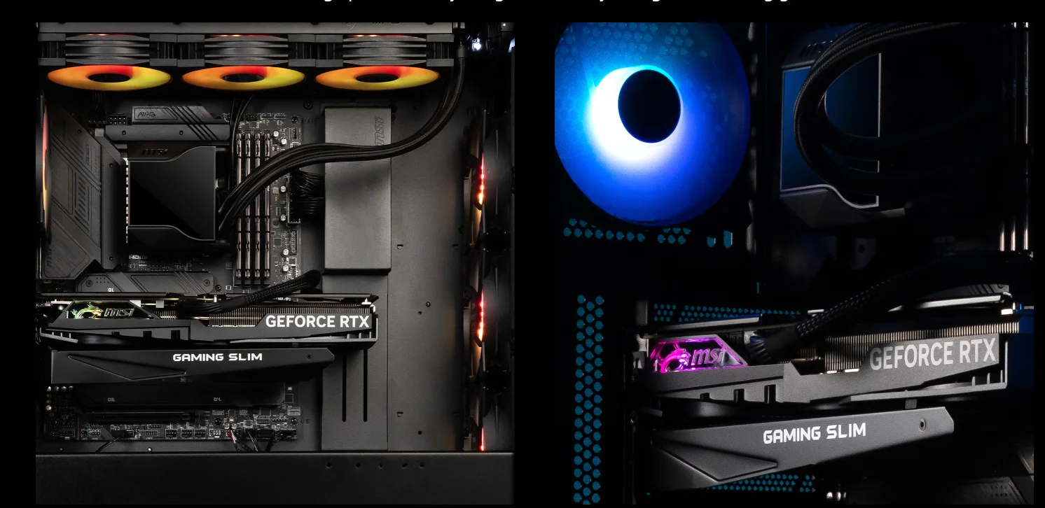 Card màn hình MSI GeForce RTX 4060 Ti GAMING X SLIM 16G có thiết kế nhỏ gọn, mỏng nhẹ với vỏ màu đen chủ đạo và các đường nét sắc cạnh hiện đại. Sản phẩm có hai quạt lớn với cánh quạt đặc biệt hình xoắn giúp tăng luồng khí làm mát hiệu quả. Bề mặt card nhẵn mịn, có logo MSI phát sáng nhẹ tạo điểm nhấn tinh tế. Kích thước nhỏ giúp dễ dàng lắp đặt trong các bộ máy tính nhỏ gọn nhưng vẫn đảm bảo khả năng tản nhiệt tối ưu và vận hành êm ái.