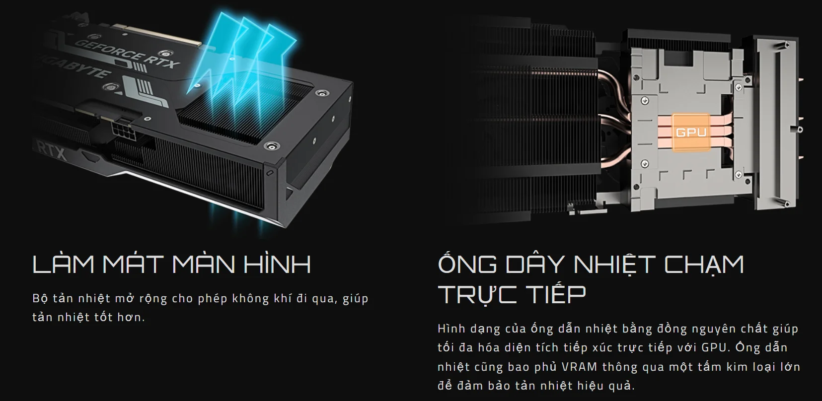 Sản phẩm là card đồ họa lớn với ba quạt làm mát song song, mỗi quạt có thiết kế cánh đặc biệt tối ưu luồng gió. Vỏ kim loại chắc chắn màu đen, phong cách công nghiệp hiện đại. Mặt sau có tấm lưng kim loại bảo vệ linh kiện và hỗ trợ tản nhiệt. Khe thông gió bố trí khoa học quanh thân, cổng HDMI và DisplayPort đặt dọc gọn gàng. Tổng thể card vừa mạnh mẽ vừa sang trọng, phù hợp cho máy tính chơi game và làm việc hiệu năng cao.