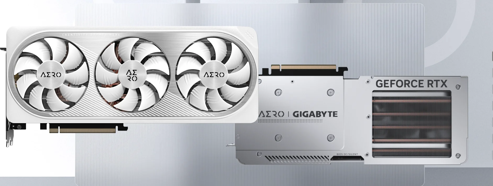 Card đồ họa Gigabyte RTX 4070 SUPER AERO OC 12G có thiết kế hiện đại với tông màu trắng chủ đạo, mang phong cách tinh tế và chuyên nghiệp. Mặt trước gồm ba quạt tản nhiệt lớn xếp ngang, viền bo vuông vức, các chi tiết cắt vát gọn gàng. Logo AERO nằm nổi bật ở giữa quạt trung tâm, tạo điểm nhấn đơn giản nhưng cao cấp. Mặt sau được bảo vệ bằng tấm kim loại phẳng, giúp tăng độ chắc chắn và hỗ trợ tản nhiệt. Tổng thể card có kiểu dáng dài, gọn, phù hợp với các dàn máy theo phong cách tối giản hoặc tông sáng.