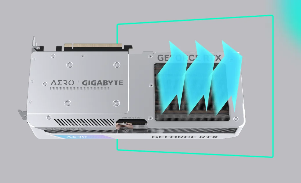 Card đồ họa Gigabyte RTX 4070 SUPER AERO OC 12G có thiết kế hiện đại với tông màu trắng chủ đạo, mang phong cách tinh tế và chuyên nghiệp. Mặt trước gồm ba quạt tản nhiệt lớn xếp ngang, viền bo vuông vức, các chi tiết cắt vát gọn gàng. Logo AERO nằm nổi bật ở giữa quạt trung tâm, tạo điểm nhấn đơn giản nhưng cao cấp. Mặt sau được bảo vệ bằng tấm kim loại phẳng, giúp tăng độ chắc chắn và hỗ trợ tản nhiệt. Tổng thể card có kiểu dáng dài, gọn, phù hợp với các dàn máy theo phong cách tối giản hoặc tông sáng.