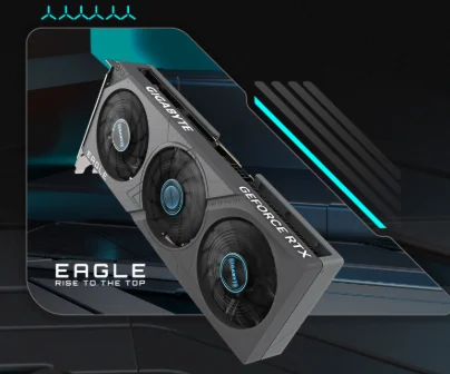 Card đồ họa GIGABYTE RTX 4060 EAGLE OC 8G có thiết kế hiện đại với tông màu đen chủ đạo, đường nét góc cạnh và mạnh mẽ. Mặt trước nổi bật với ba quạt tản nhiệt tròn đều nhau, xếp ngang, viền ngoài bo cứng cáp. Logo “EAGLE” màu xanh dương nằm nổi bật trên một tấm ốp nhựa nhám có họa tiết cách điệu. Mặt sau là một tấm kim loại phẳng màu xám đậm, tăng cảm giác chắc chắn và bảo vệ linh kiện bên trong. Tổng thể card có hình chữ nhật dài, ngoại hình cứng cáp và phù hợp với nhiều kiểu thùng máy PC.