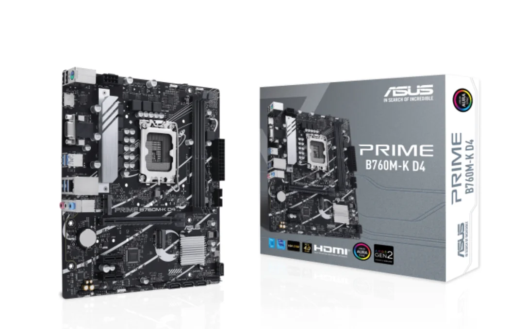 Bo mạch chủ ASUS Prime B760M-K D4 có hình chữ nhật nhỏ gọn theo chuẩn Micro-ATX, với tông màu đen chủ đạo cùng các chi tiết xám bạc sắc nét. Bề mặt được phủ lớp họa tiết vi mạch hiện đại. Ở giữa là socket CPU hình vuông màu bạc, xung quanh là các khe RAM dài thẳng đứng và các cổng mở rộng nằm ngang. Góc dưới có nhiều cổng kết nối, tụ điện và khe M.2 nằm dọc theo chiều dài bo mạch. Tổng thể thiết kế hài hòa, cứng cáp và mang phong cách công nghệ cao, phù hợp cho cả dàn máy làm việc và chơi game.