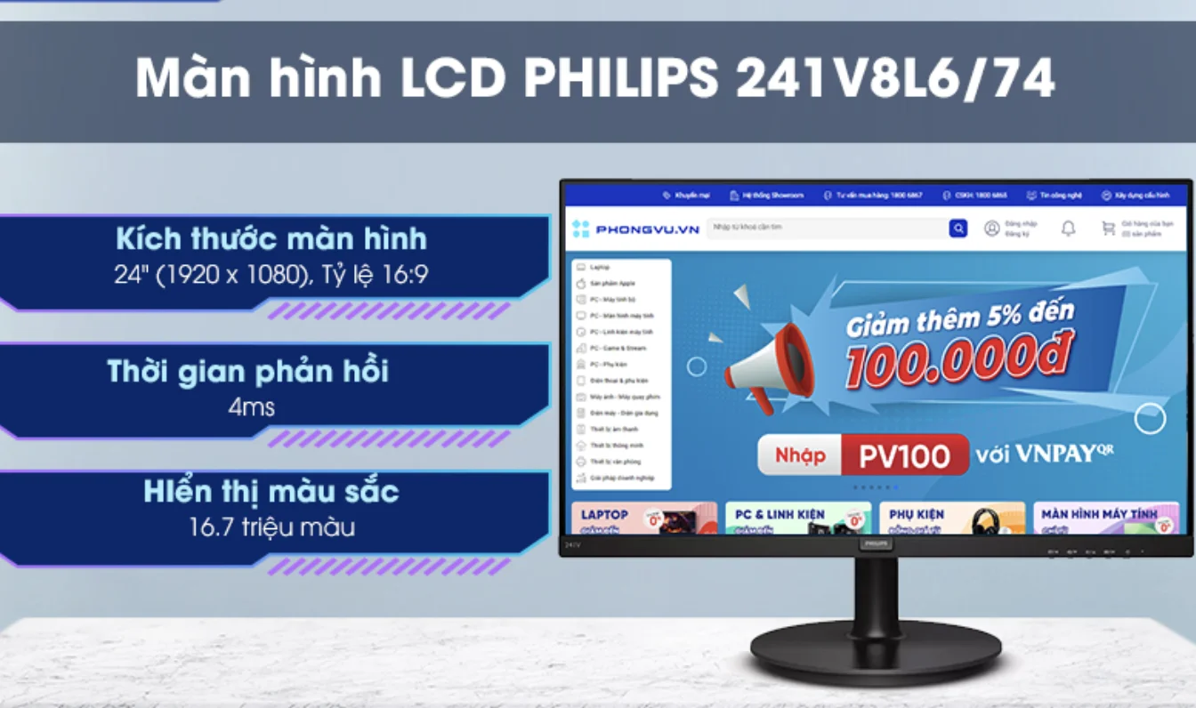 Màn hình LCD Philips 24 inch 241V8L6 sở hữu ngoại hình hiện đại cùng chất lượng hiển thị sắc nét. Với kích thước 24 inch giúp bạn dễ dàng thực hiện các tác vụ công việc cũng như giải trí hiệu quả. Màn hình Philips luôn được đánh giá cao về sự bền bỉ, chuyển động mượt mà và đẹp mắt, nếu bạn đang có phân vân trong việc chọn mua một chiếc màn hình thì Philips 24 inch 241V8L6 sẽ là lựa chọn hàng đầu dành cho bạn.