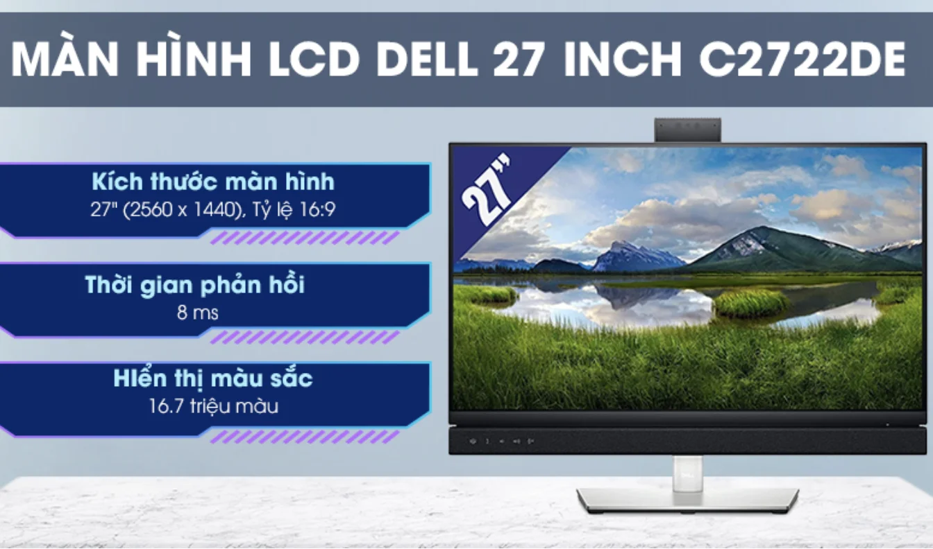Màn hình Dell C2722DE sở hữu thiết kế đặc trưng của màn hình máy tính văn phòng, đơn giản nhưng chắc chắn và sang trọng. LCD Dell có khả năng hiển thị hình ảnh sắc nét, chi tiết cho trải nghiệm tuyệt vời cùng tích hợp Webcam và loa hỗ trợ cho việc học tập và làm việc trực tuyến của bạn tiện lợi và dễ dàng hơn.
