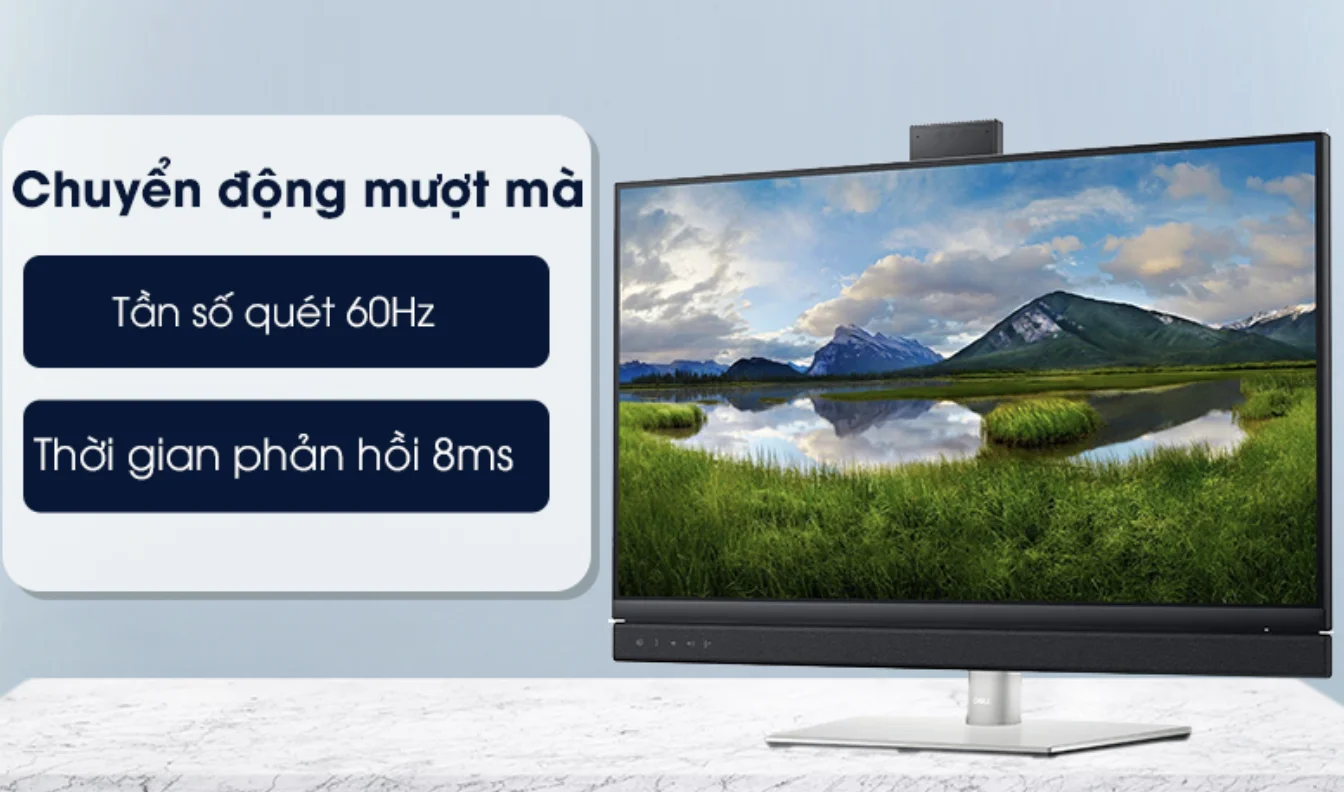 Hình ảnh chuyển động mượt mà cùng độ sáng, độ tương phản lí tưởng Màn hình Dell C2722DE có tần số quét màn hình 60Hz và thời gian phản hồi 8ms. Do đó, hình ảnh trên màn hình được hiển thị sắc nét cùng chuyển động mượt và hạn chế tình trạng bị nhòe, mờ hình cho bạn trải nghiệm xem hoàn hảo hơn.