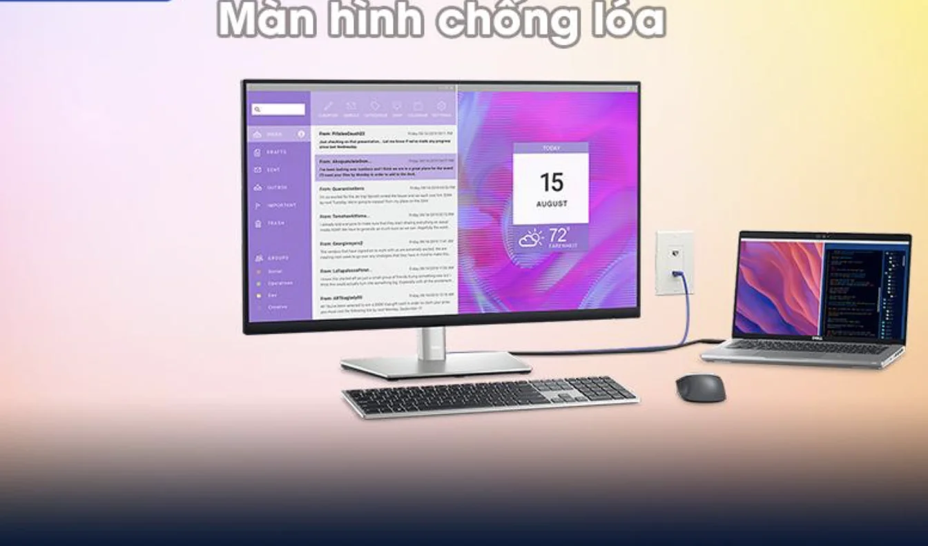 Không chỉ có vậy,  màn hình LCD Dell P2723DE chống lóa rất tiện lợi để bạn có thể dễ nhìn hơn trong điều kiện ở những nơi có ánh sáng cao và giúp bạn thoải mái ngồi vào bàn làm việc trong hàng giờ đồng hồ mà không lo bị mỏi mắt, giúp bạn đạt được hiệu suất tối đa khi làm việc 