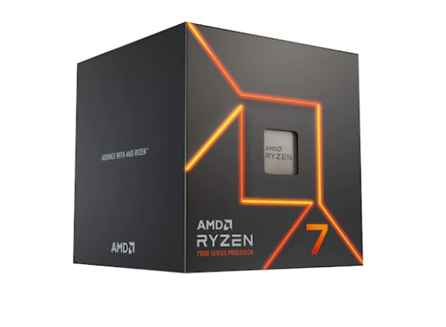 "CPU AMD Ryzen™ 7 7700 là một bộ vi xử lý cao cấp dành cho máy tính để bàn, có thiết kế nhỏ gọn dạng hình vuông, vỏ ngoài bằng kim loại màu bạc với tên sản phẩm được in rõ nét trên bề mặt. Sản phẩm thường được đặt trong hộp đi kèm tản nhiệt AMD Wraith Prism – một quạt làm mát có đèn LED RGB nhiều màu, kiểu dáng mạnh mẽ, hiện đại. Bộ vi xử lý này mang phong cách thiết kế tối giản, gọn gàng, phù hợp với các dàn máy tính hiệu suất cao."