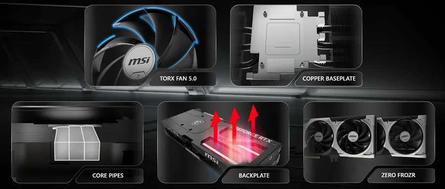 Card màn hình MSI RTX 5080 16G VENTUS 3X OC có thiết kế mạnh mẽ, hiện đại với tông màu đen xám chủ đạo. Mặt trước nổi bật với hệ thống ba quạt làm mát lớn dạng cánh xoắn, được đặt đối xứng, giúp tăng lưu lượng gió. Mặt sau là tấm lưng kim loại chắc chắn có các khe thoát nhiệt, mang đến cảm giác bền bỉ và cao cấp. Kích thước dài khoảng 30cm, thân card khá dày với kết cấu tản nhiệt lớn, phù hợp với các bộ case chuẩn ATX. Tổng thể thiết kế toát lên vẻ mạnh mẽ, chuyên nghiệp, phù hợp cho cả game thủ lẫn người dùng sáng tạo nội dung.