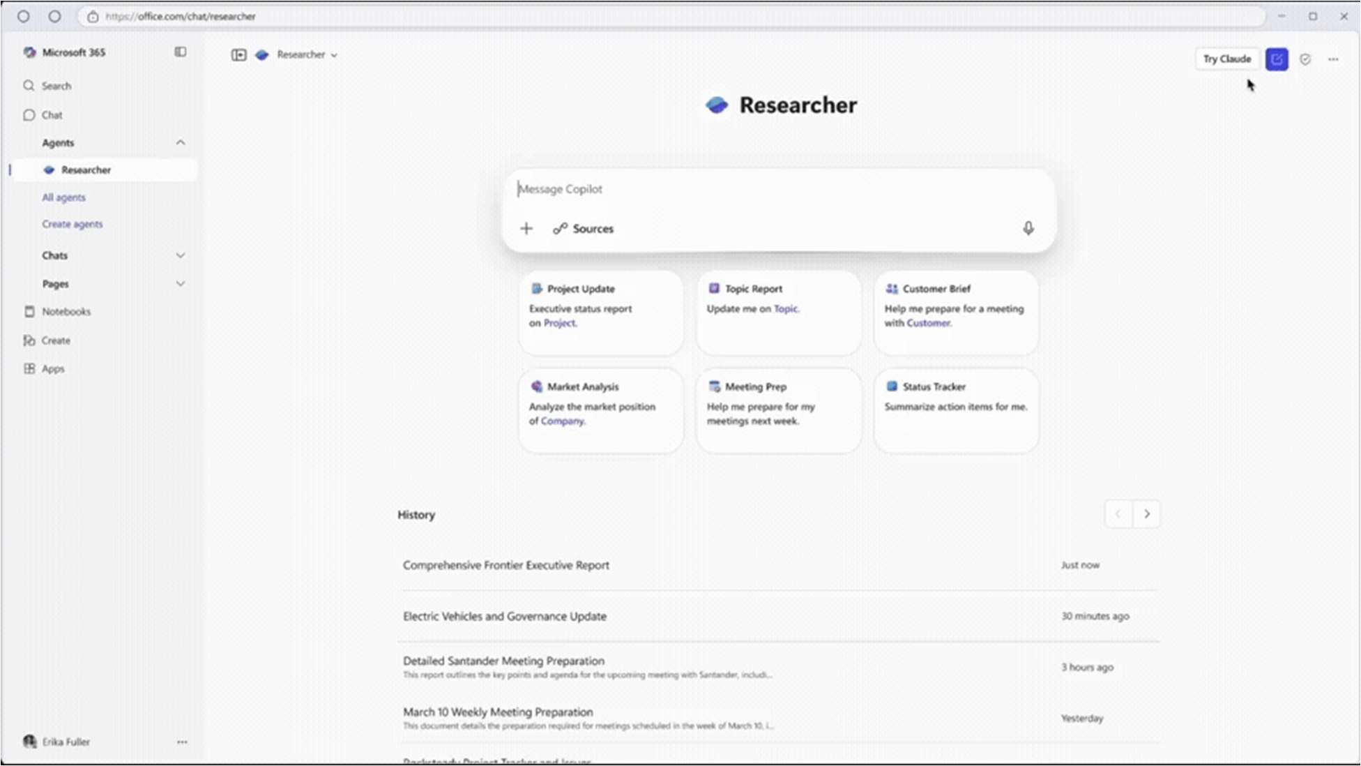 There’s a now “Try Claude” button in Researcher.