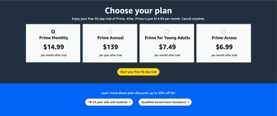 Ảnh chụp màn hình từ Amazon có tiêu đề Chọn gói cước của bạn và hiển thị các gói cước khác nhau có sẵn cho Amazon Prime.