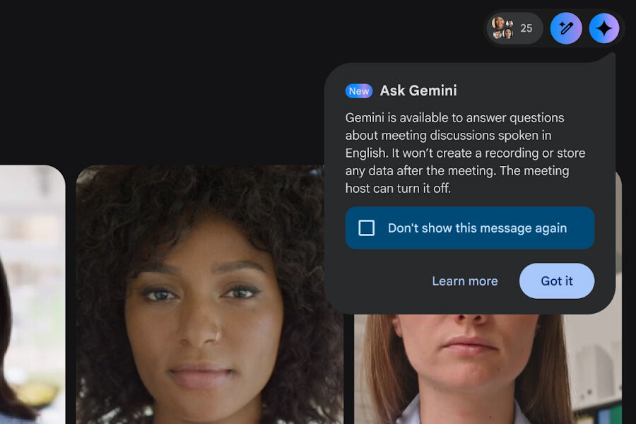 A screenshot of Google Meet showing a notification that Ask Gemini is turned on.