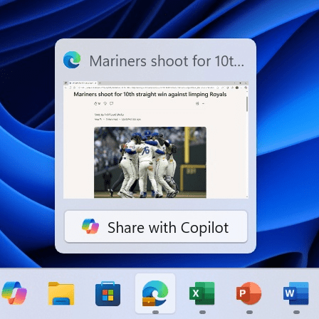 Share with Copilot button in the preview for a Microsoft Edge window.