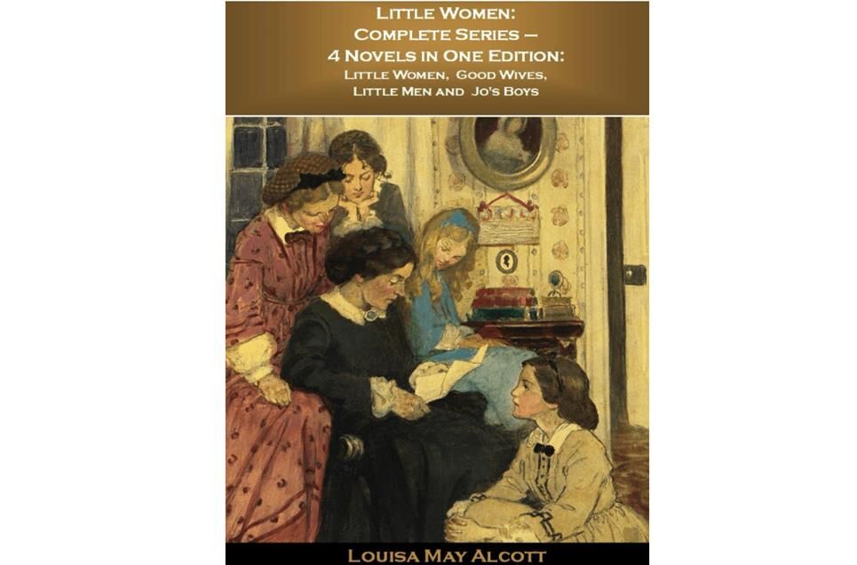Bìa cuốn Những người phụ nữ nhỏ bé, có hình ảnh bốn cô gái trẻ tụ tập quanh mẹ mình đang đọc một lá thư
