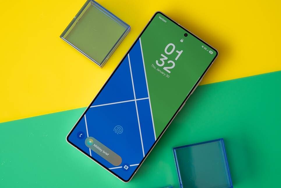 Samsung Galaxy S25 Ultra trên nền xanh lá cây và vàng