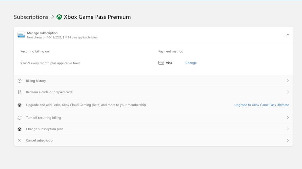 The menu Microsoft displays when you try and cancel your Game Pass subscription.