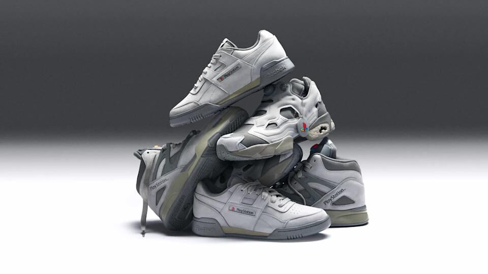 An assortment of Reebok sneakers based on the design of the original PlayStation.