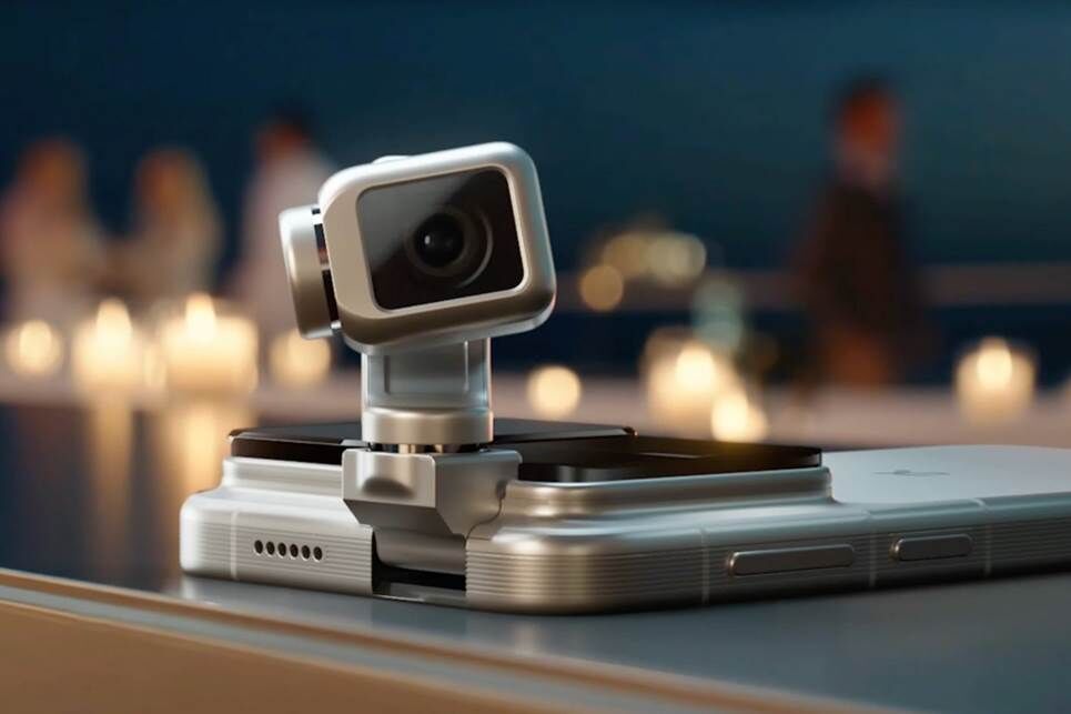 Điện thoại Honor Robot nằm trên bàn, với camera hướng lên trên và xung quanh