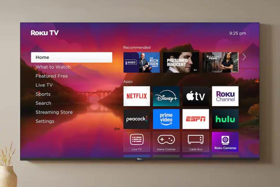 Tivi Roku Plus 4K gắn trên tường.