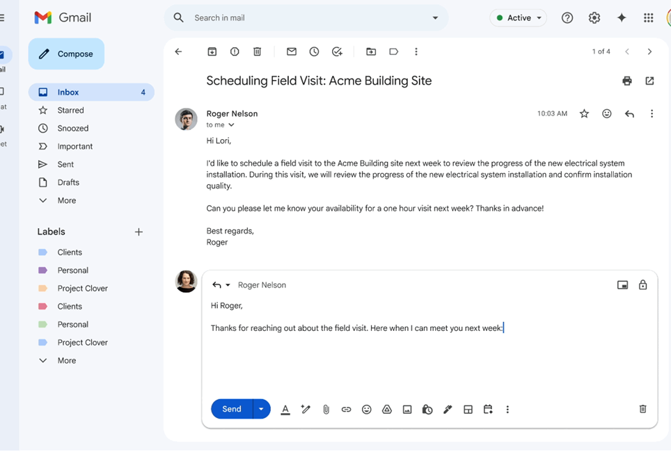 Nút 'Giúp tôi lên lịch' sẽ xuất hiện trong bản nháp email của bạn.