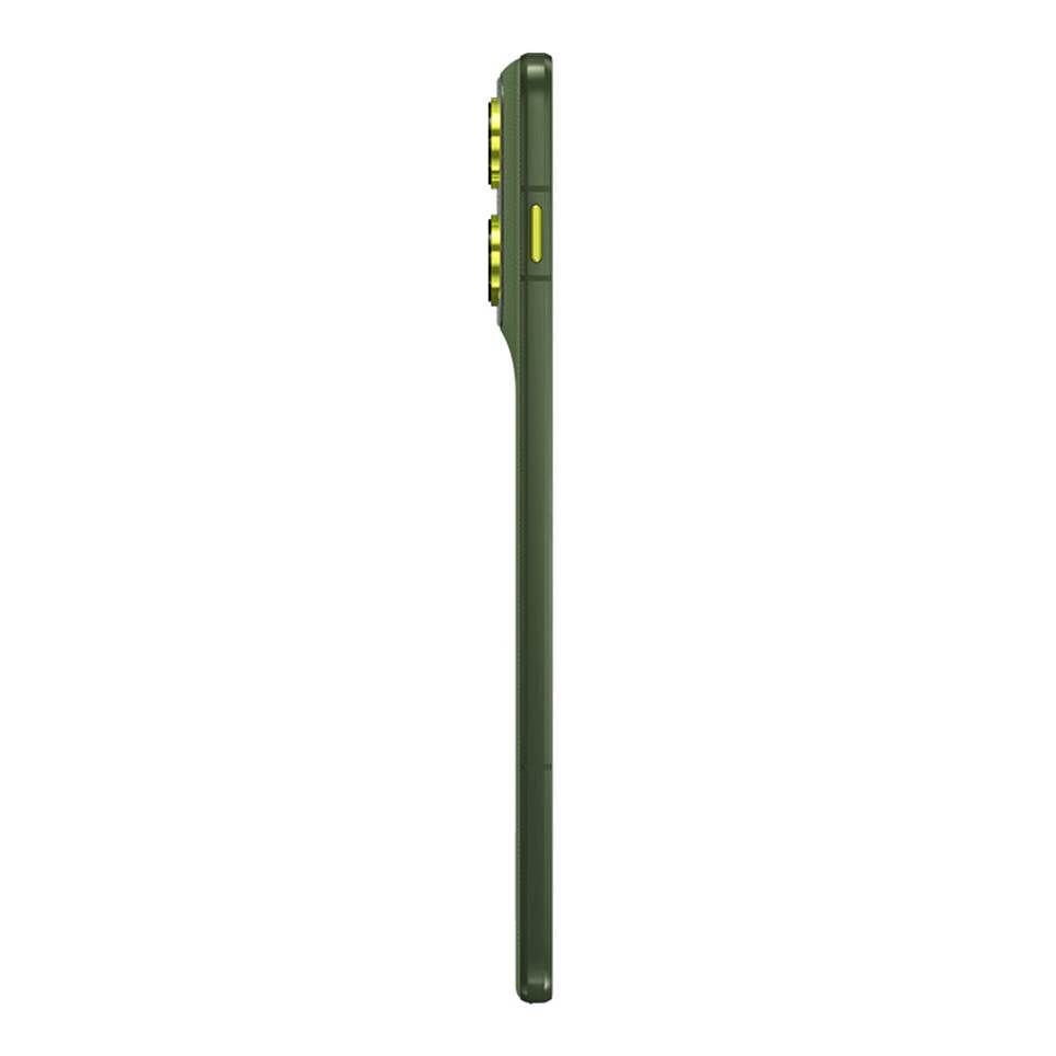 Motorola X70 Air màu xanh lá cây, hiển thị từ bên cạnh, với nền trắng