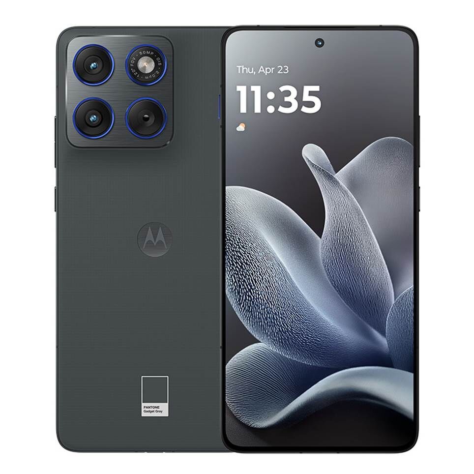 Motorola X70 Air màu đen, hiển thị từ mặt trước và mặt sau, với nền trắng