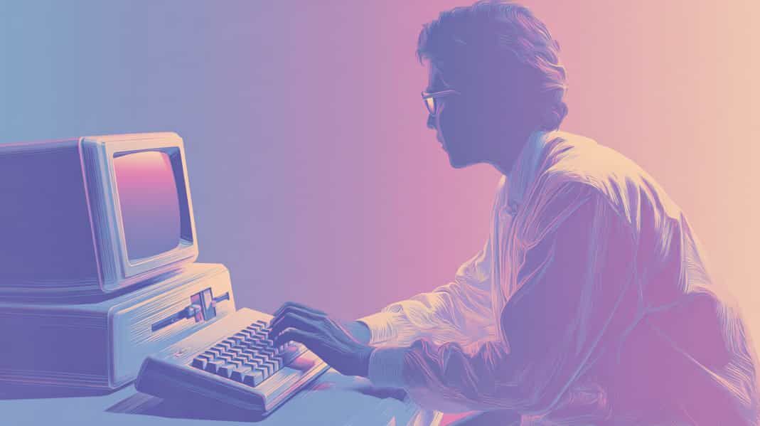 nuneybits_A_developer_working_on_a_retro_computer_on_gradient_b_a06360d7-aa20-4d82-949f-48730f690988